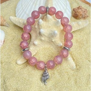 Beaded bracelet - pink and silver tone with seashell charm